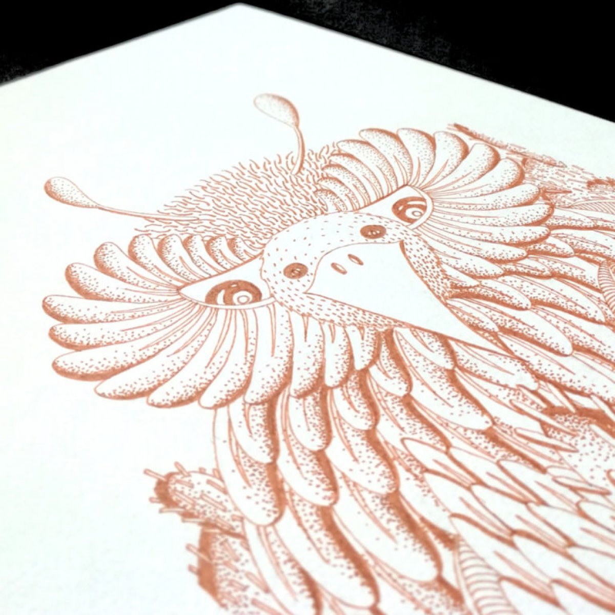 Owlird, Dessin original en sépia sur papier 300 grammes.